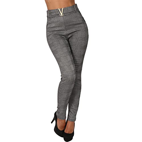 P8405 - Pantalones térmicos para mujer, cintura alta, diseño de cuadros, Gris 78077, S