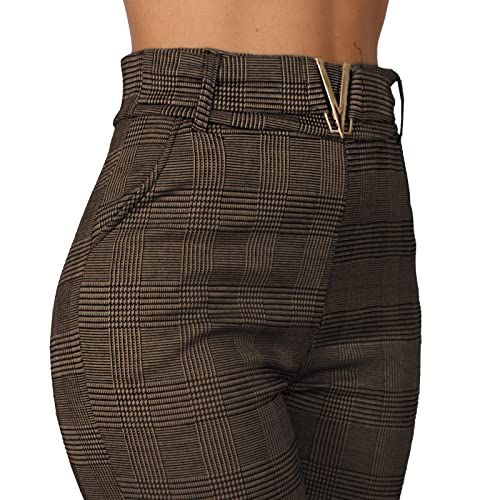 P8405 - Pantalones térmicos para mujer, cintura alta, diseño de cuadros, Marrón 78077, S
