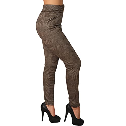 P8405 - Pantalones térmicos para mujer, cintura alta, diseño de cuadros, Marrón 78077, S