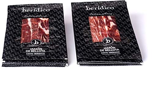 Pack 18 sobres de 100 g de Jamón de Bellota 100% Ibérico cortado a mano + 1 sobre de 100 g de taquitos ibéricos. envasados al vacío. Extremadura. BERÍDICO