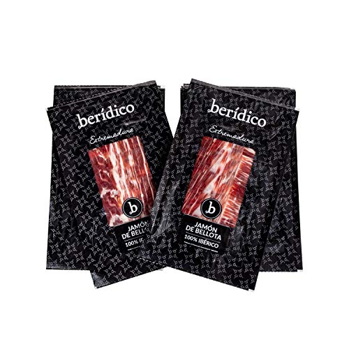 Pack 18 sobres de 100 g de Jamón de Bellota 100% Ibérico cortado a mano + 1 sobre de 100 g de taquitos ibéricos. envasados al vacío. Extremadura. BERÍDICO