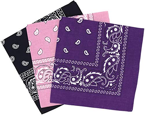 Pack 3 Pañuelos Bandanas de Paisley de Algodón para Cuello Pulsera Cabeza Unisex (negro+rosa+morado, talla única)