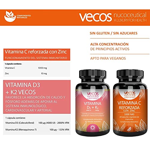 Pack para Reforzar el Sistema Inmunológico - Vitamina D3 + K2 y Vitamina C 1000 mg con Zinc - 60 + 30 Cápsulas - Propiedades Antioxidantes Naturales - Suplementos Vitamínicos