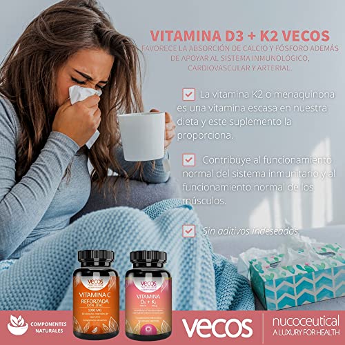 Pack para Reforzar el Sistema Inmunológico - Vitamina D3 + K2 y Vitamina C 1000 mg con Zinc - 60 + 30 Cápsulas - Propiedades Antioxidantes Naturales - Suplementos Vitamínicos