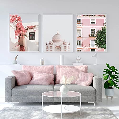 Paisaje rosa pared arte isla flor Santorini lienzo póster decoración moderna cuadro de pintura para decoración de sala de estar sin marco-C_40x50cmX3