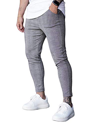Pantalones de Vestir para Hombre Pantalones Casuales a Cuadros a Cuadros Slim Fit Stretch Skinny Suit Pantalones de lápiz Pantalones Deportivos para Hombres (Gris, L)
