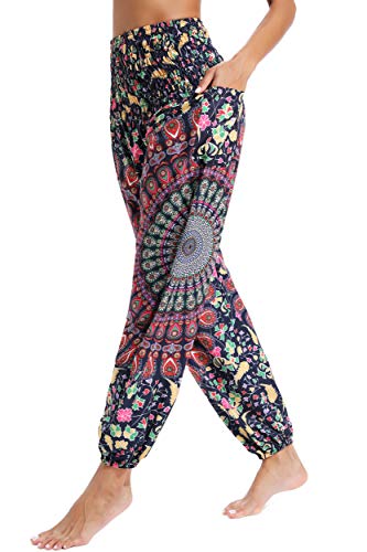 Pantalones de Yoga Mujer Harem Boho del Lazo del Pavo Real Flaral Funky #2 Flor Impresa-D