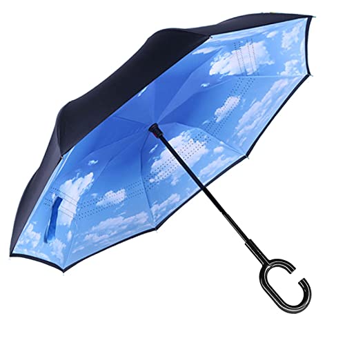 Paraguas invertido, a prueba de viento, paraguas inverso, paraguas para mujer con protección UV, paraguas al revés con mango en forma de C para mujeres y hombres 1002, N-sky Blue,