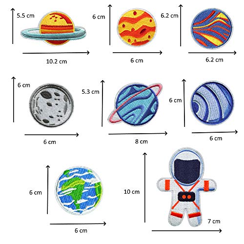 Parches para Ropa Infantiles Espacio - 8 Parches Termoadhesivos Bordados Decorativos Pequeños Planetas Astronauta Pantalones Niños para Planchar Coser Chaqueta Apliques Cumpleaños Bebe Pegatinas