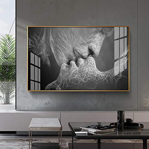 Pareja de besos Póster de amor romántico Pintura de lienzo abstracta Imágenes artísticas de pared en blanco y negro Impresión para dormitorio 80x165cm (32x65in) Con marco