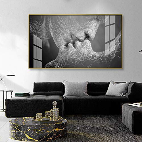 Pareja de besos Póster de amor romántico Pintura de lienzo abstracta Imágenes artísticas de pared en blanco y negro Impresión para dormitorio 80x165cm (32x65in) Con marco
