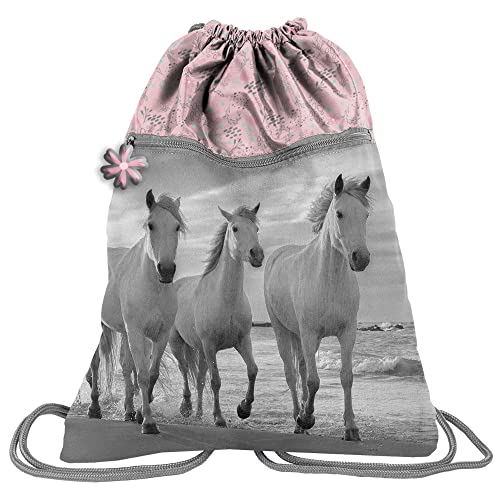 PASO - PFERDE Bolsa de deporte prémium para niños, 43 x 34 cm, diseño de caballos, gris, rosa,