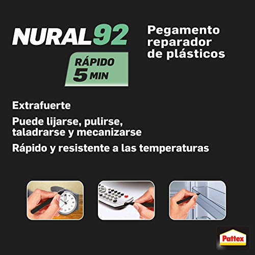 Pattex Nural 92 Pegamento reparador de plásticos, cola transparente para reparar y pegar plástico, rápida y resistente a líquidos y a la temperatura, 2 x 11 ml