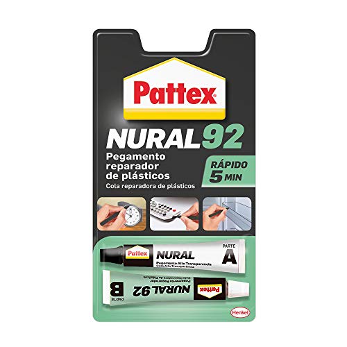 Pattex Nural 92 Pegamento reparador de plásticos, cola transparente para reparar y pegar plástico, rápida y resistente a líquidos y a la temperatura, 2 x 11 ml