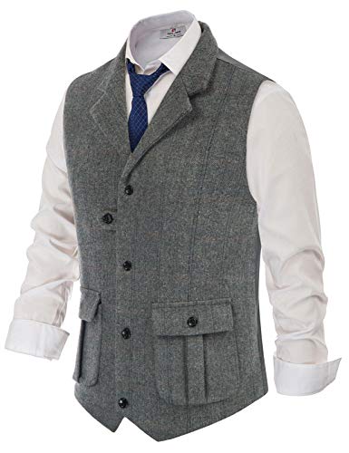 Paul Jones Chaleco de traje para hombre, corte ajustado, cuello de pico, elegante, retro, para negocios, boda, tiempo libre, chaleco de tweed, gris claro, XXL