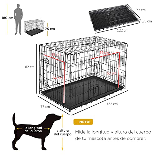 PawHut Transportín de Perro de 2 Puertas Jaula de Alambre para Perros Plegable con Asa Acero 122x77x82cm Negro