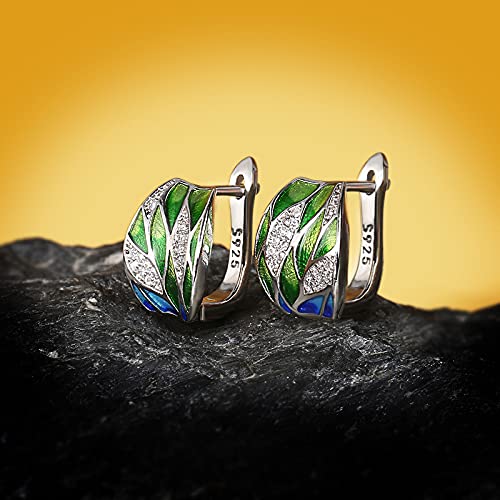 Pendientes mujer plata de ley 925 con esmalte hojas verde esmeralda y Circonita Cubica,aretes mujer plata,pendientes anchos grandes mujer,con cierre Catalan o Ballesta,con caja regalo (Pendientes)