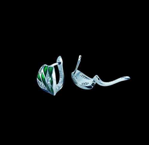 Pendientes mujer plata de ley 925 con esmalte hojas verde esmeralda y Circonita Cubica,aretes mujer plata,pendientes anchos grandes mujer,con cierre Catalan o Ballesta,con caja regalo (Pendientes)