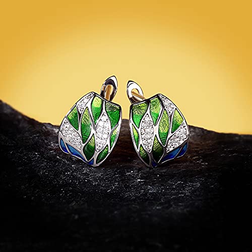 Pendientes mujer plata de ley 925 con esmalte hojas verde esmeralda y Circonita Cubica,aretes mujer plata,pendientes anchos grandes mujer,con cierre Catalan o Ballesta,con caja regalo (Pendientes)