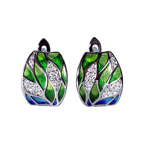 Pendientes mujer plata de ley 925 con esmalte hojas verde esmeralda y Circonita Cubica,aretes mujer plata,pendientes anchos grandes mujer,con cierre Catalan o Ballesta,con caja regalo (Pendientes)
