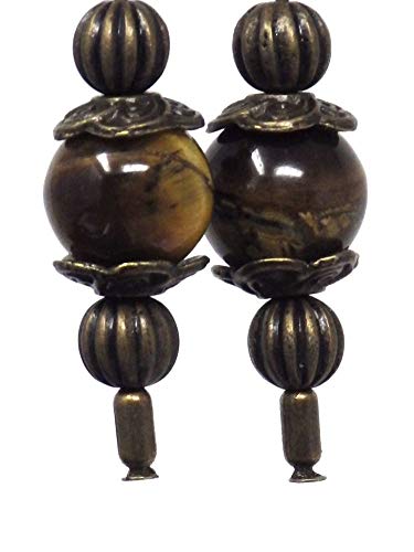 Pendientes Thurcolas de estilo vintage en ojo de tigre marrón montados en elegantes aros de bronce antiguo