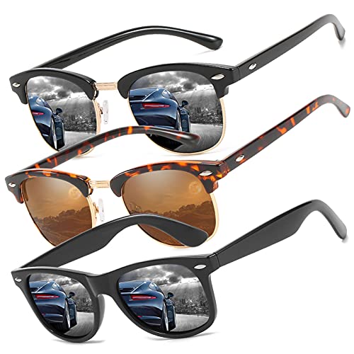 Perfectmiaoxuan Pack de 3 Gafas de Sol Hombre Mujer Polarizadas CAT 3 CE UV400 Gafas retro clásicas Conducción Correr Ciclismo Pesca Golf Verano Turismo Gafas de sol (3 pack(black/Leopard/black))
