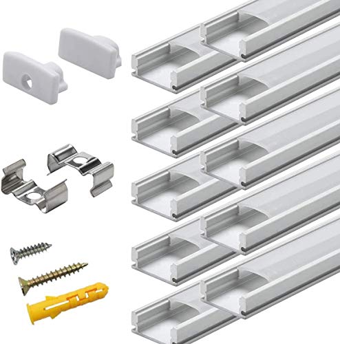 Perfíl de Aluminio para LEDS - 10x1metro Forma de U Perfil de Aluminio Para Tira de LEDs , Compacto Fácil de Cortar con Todos Los Accesorios Necesarios en Paquete
