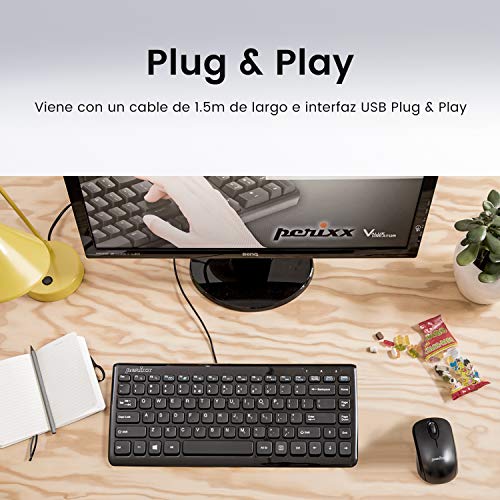 Perixx PERIBOARD-407 Mini Teclado USB, Teclas de chiclete, Piano Preto, Layout em português, Negro