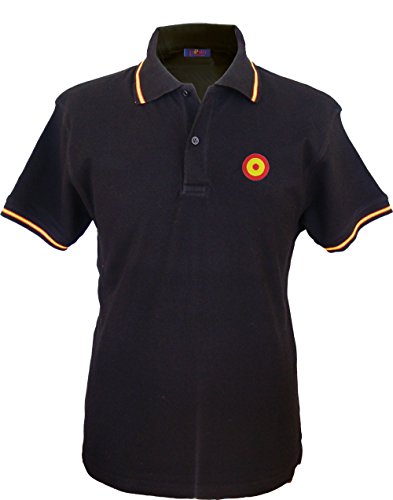 Pi2010 – Polo Hombre Negro, Bordado Diana España en Pecho, Escarapela Aeronáutica, Bandera España en Cuello y Mangas, 100% algodón, M