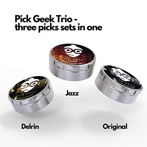 Pick Geek TRIO - Púas de Guitarra - 3 Diferentes Juegos de Diseños Frescos para su Guitarra Eléctrica, Acústica, o Bajo - 4 Espesores - X Grueso, Grueso, Mediano y Ligero - 3 Lujoso Estuches de Metal