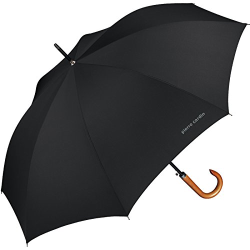 Pierre Cardin - Paraguas para hombre con apertura automática y mango de madera natural, color negro, tamaño grande, estable