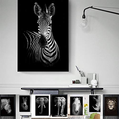 Pintura de lona de animales, color blanco y negro, gris cebra, elefante, cabeza de león, retrato de pared para decoración moderna del hogar (40 x 50 cm, MD4829)