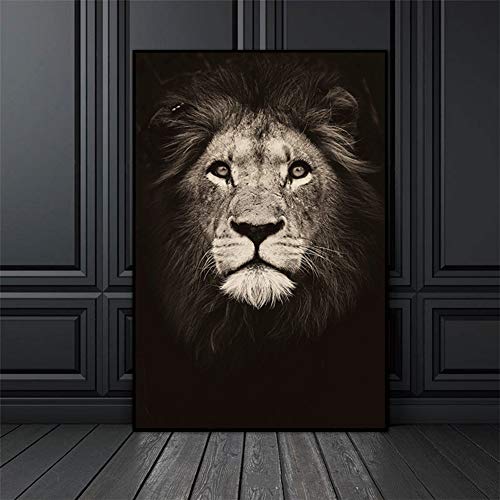 Pintura de lona de animales, color blanco y negro, gris cebra, elefante, cabeza de león, retrato de pared para decoración moderna del hogar (40 x 50 cm, MD4829)