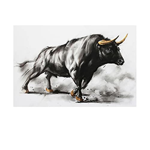 Pinturas artísticas en lienzo Póster de animales Pintura de toro negro Corridas de toros e impresiones Cartel de arte de pared de sala de estar escandinavo 20x30cm Marco interno