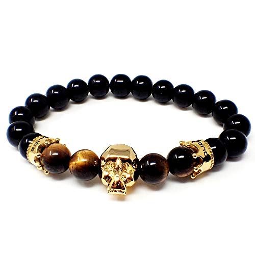 Police Pulsera Hombre - Bolas Negras y marrón de Piedra - Calavera - PJ.26560BSG-02