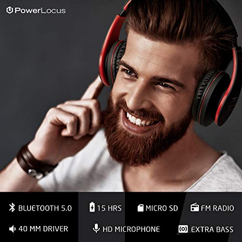 PowerLocus P2 – Auriculares Bluetooth inalambricos de Diadema Cascos Plegables, Casco Bluetooth con Sonido Estéreo Micro SD/TF, FM con micrófono y Audio Cable para Movil, PC, Tablet - Negro/Rojo