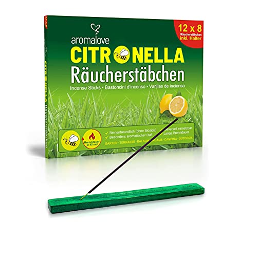 Premium Set de 12 Paquetes de palitos de Incienso de Citronela Anti Mosquitos y Anti Avispas para el Exterior Incluyendo un Porta-Incienso Gratis