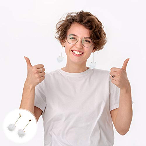 PRETYZOOM Pom Pom Dangle Pendientes de Bola de Pelo sintético para Mujeres y niñas, Pendientes Largos de Borla (Blanco)