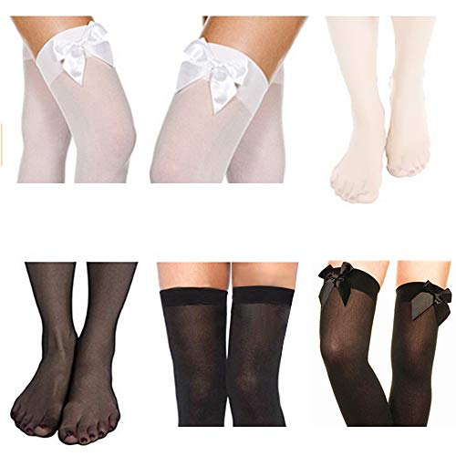 PROACC 2 Pares Medias con Lazo para Mujer Blanco y Negro Medias Altas de Muslo Opacas Calcetines sobre Rodilla Talla única