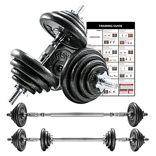 PROIRON Mancuernas ajustables 20kg conjunto con pesas barra y discos, convertido en perfecta haltera para culturismo, aptitud, halterofilia, ejercicios de gimnasio doméstico, banco de pesas