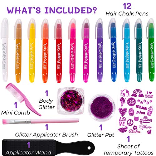 Purple Ladybug 12 Tizas para el Pelo para Niñas - Set Tatuajes Temporales y Purpurina Corporal - Tinte de Pelo Temporal para Niños y Adolescentes – Fácil Aplicar y Lavar – Ideal Disfraces Halloween