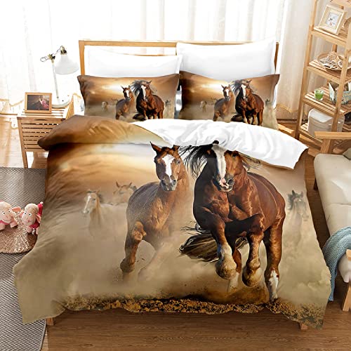 QHDHGR Funda Nordica Cama 90 Caballo marrón Juego de Cama de Microfibra de 110g/m2 con Cremallera, 1 Funda nórdica 150 x 200cm + 2 Fundas de Almohada 50x75 cm