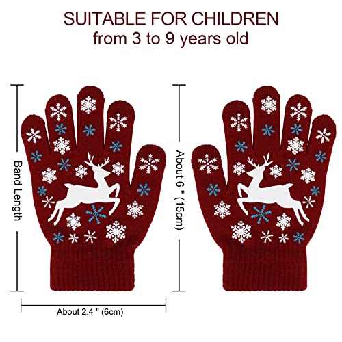 QKURT 6 pares niños guantes mágicos antideslizantes, completos dedos niños guantes elásticos,guantes de punto cálidos unisex con patrón de copo de nieve y alce, Apto para niños y niñas de 3 a 9 años