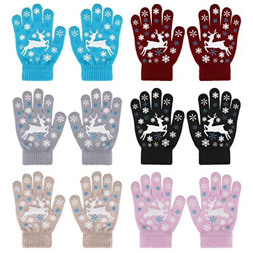 QKURT 6 pares niños guantes mágicos antideslizantes, completos dedos niños guantes elásticos,guantes de punto cálidos unisex con patrón de copo de nieve y alce, Apto para niños y niñas de 3 a 9 años