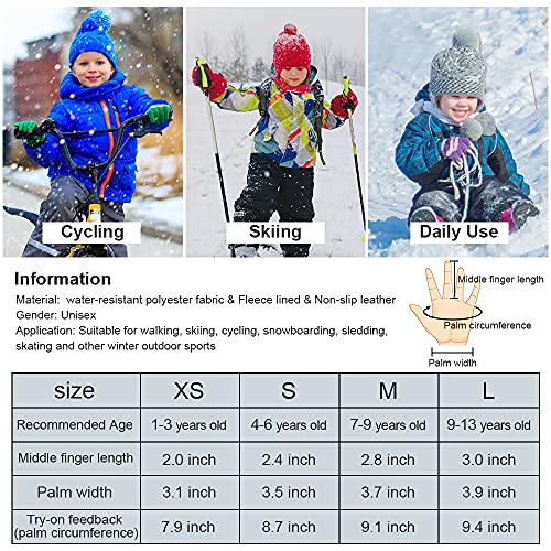 QKURT Niño Guantes de Esquí, Guantes de EsquíInvierno Manoplas para Clima frío para niñas y niños para niños de 2 a 13 años Trineo Snowboard Patinaje Ciclismo Correr y Actividades al Aire Libre