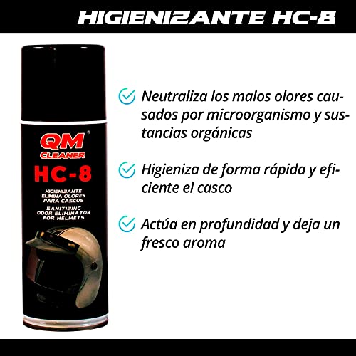 QM Cleaner - Kit de limpieza de cascos | Limpiador cascos mate y brillo, eliminador de mosquitos - Higienizante interior y eliminador de olores - Incluye paño