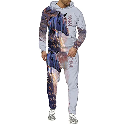 Qwang Caballo de los hombres impreso 3D sudadera con capucha conjunto de hombres ropa deportiva chándal traje, 2, S