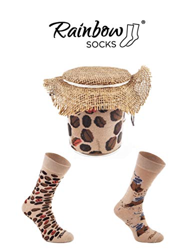 Rainbow Socks - Mujer Hombre Cafe en Tarro Calcetines Fantasia - 2 Pares - Granos de Cafe Molinillo de Cafe - Tamaños 36-40