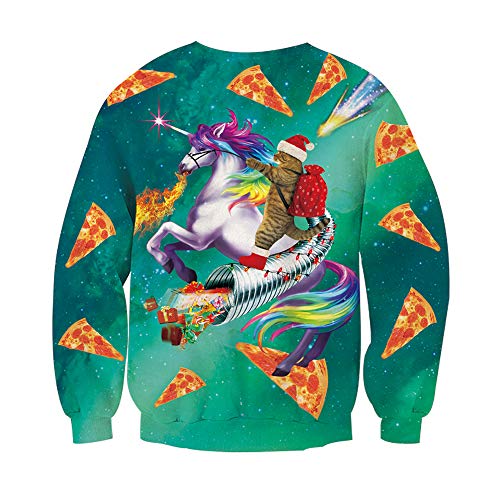 RAISEVERN Unisex Christmas Jumper 3D Novedad Santa Enviar Regalo Gato con Caballo Unicornio en el suéter con Estampado de Pizza's Worlds Jersey cálido para Hombres Mujeres Regalo de año Nuevo