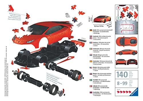 Ravensburger - Puzzle 3D, Lamborghini Huracán Evo, Edad Recomendada 8+, 108 Piezas - Dimensiones: 25 x 12 x 7 cm
